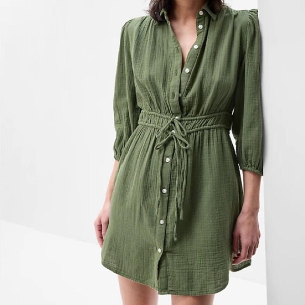 GAP Olive Green 3/4 Sleece Mini Dress with Tie Waist